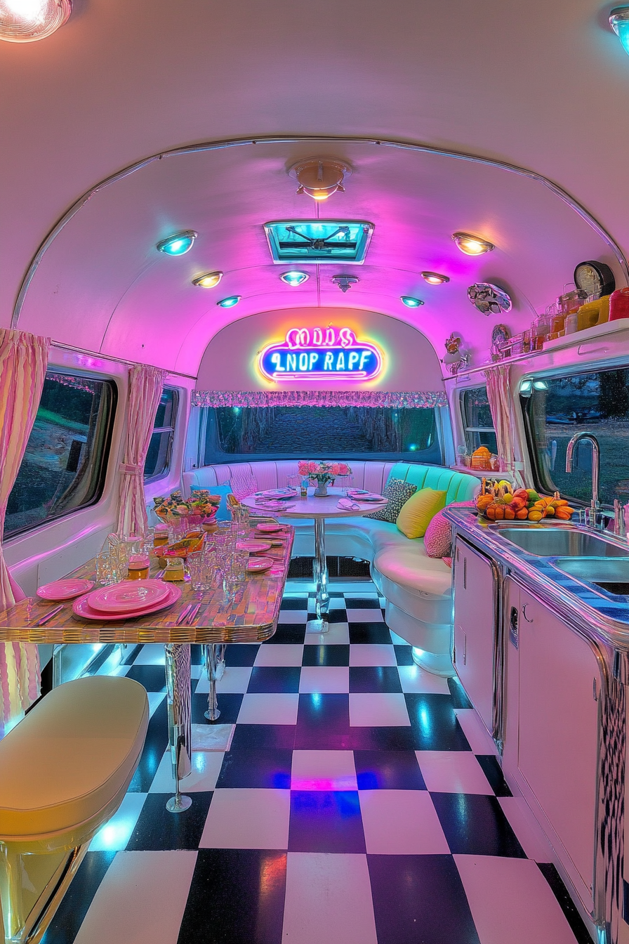 Retro-Style Camper Dining Space. Checkerboard floor, pastel-coloured dinner set, illuminated neon diner sign.