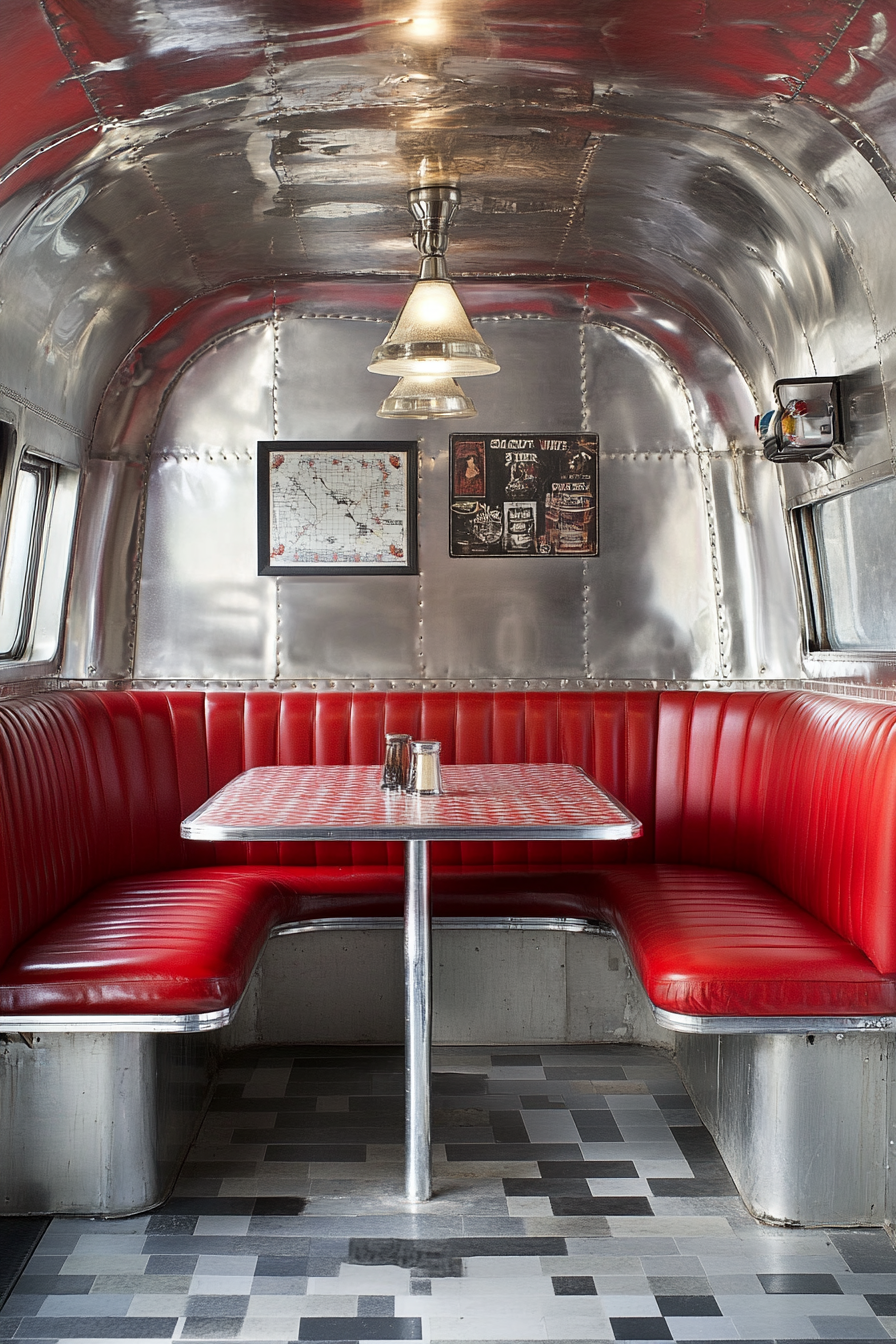 Vintage dining nook. Chrome finish Airstream, red vinyl booth seating, formica table.