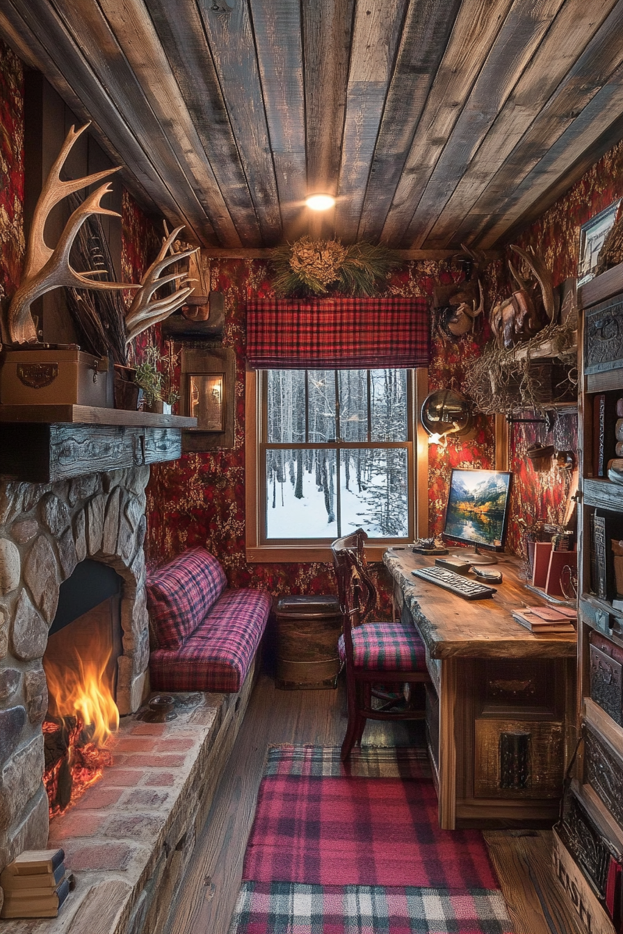 Alpine Tiny House Office. Pine desk, antler hooks, plaid cushions, log cabin wallpaper, and burning fireplace.