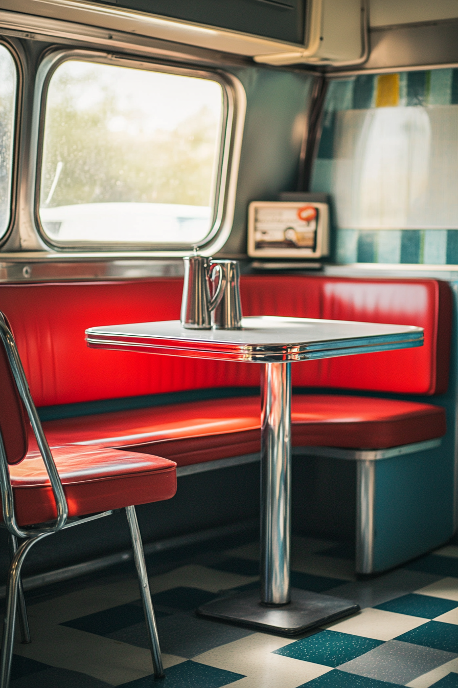 Vintage Airstream Dining Nook. Red vintage booth chair, chrome table with formica surface.