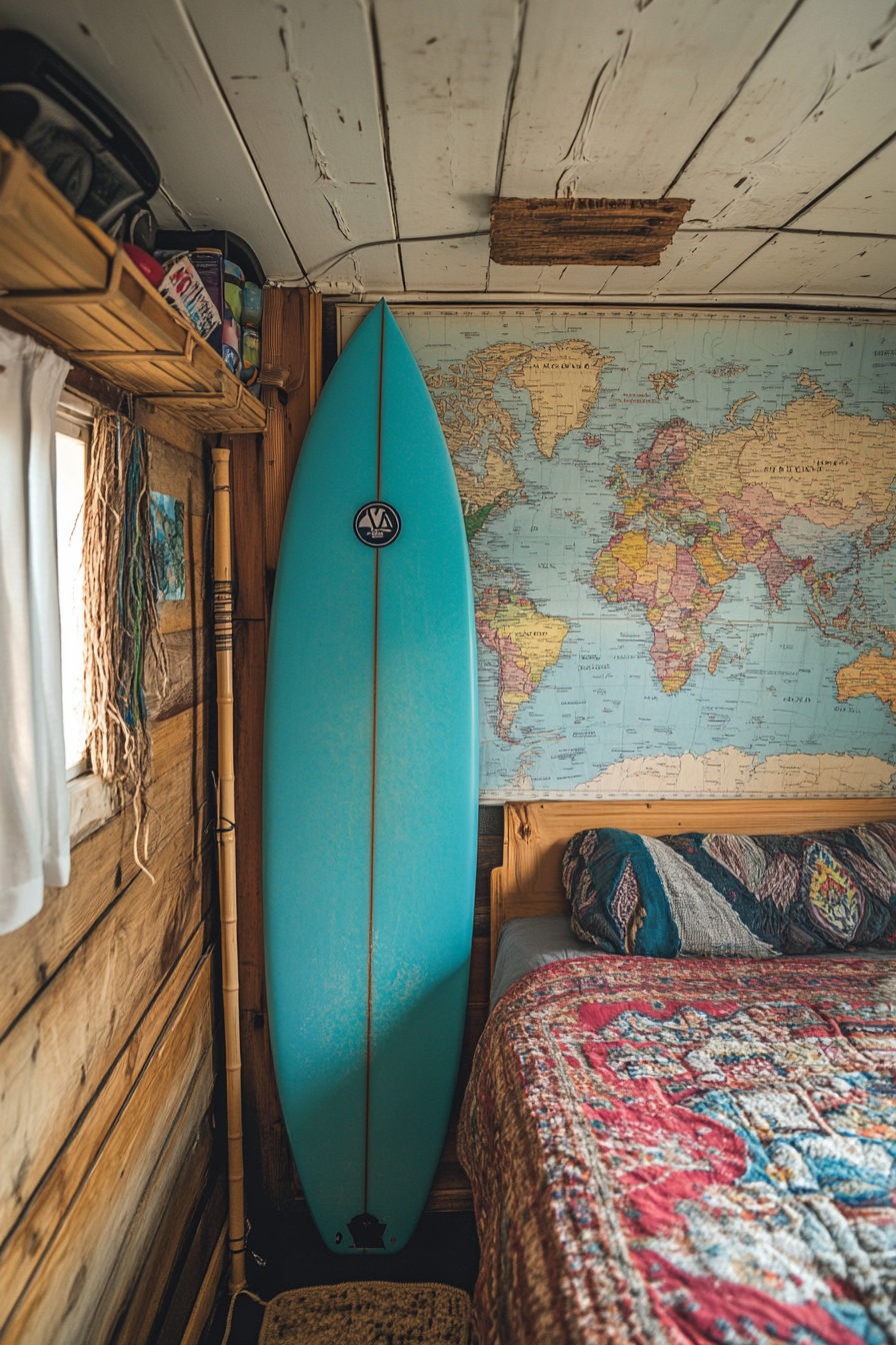 Van bedroom. Bright blue surfboard alone on bamboo rack beside annotated world map.