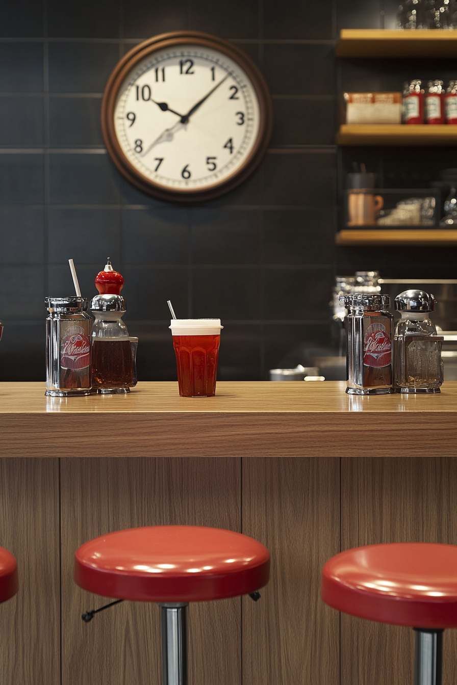 tabletop, diner-style clock, and soda fountain stools.