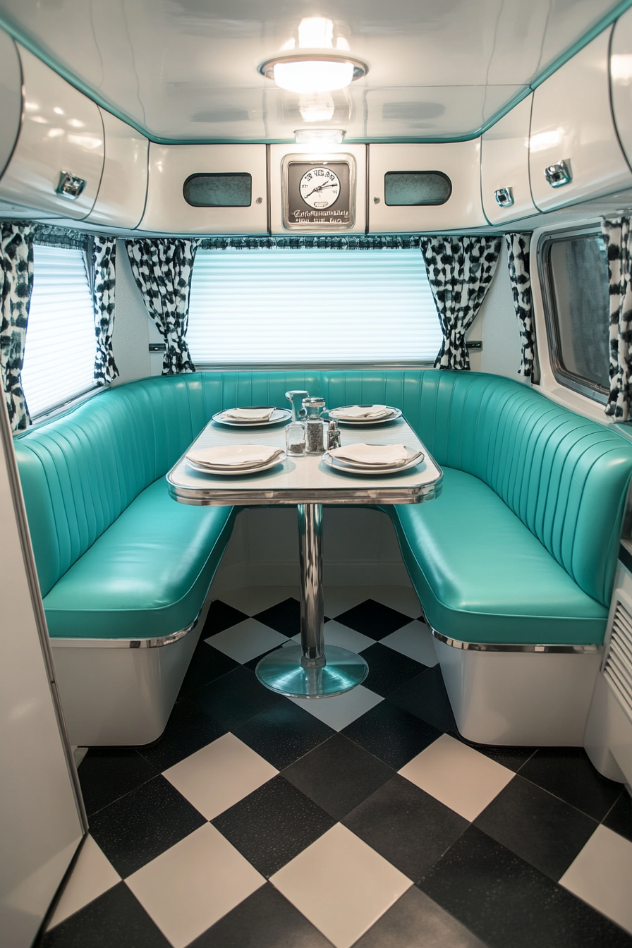 Retro-style camper dining space. Turquoise double diner booth, black and white checkerboard floor.