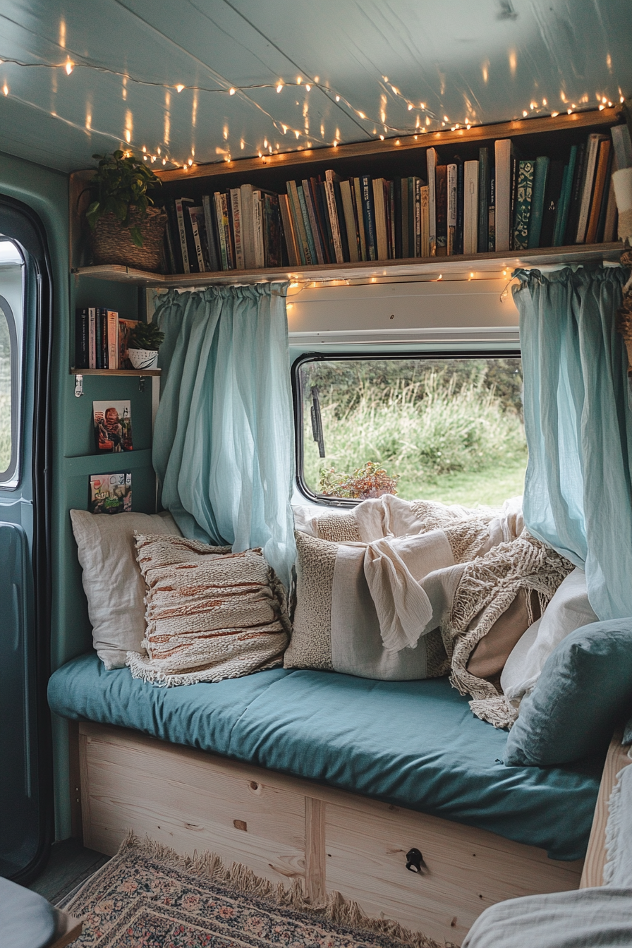 Eco-friendly van reading corner. Light blue curtains, white fairy lights around book storage.