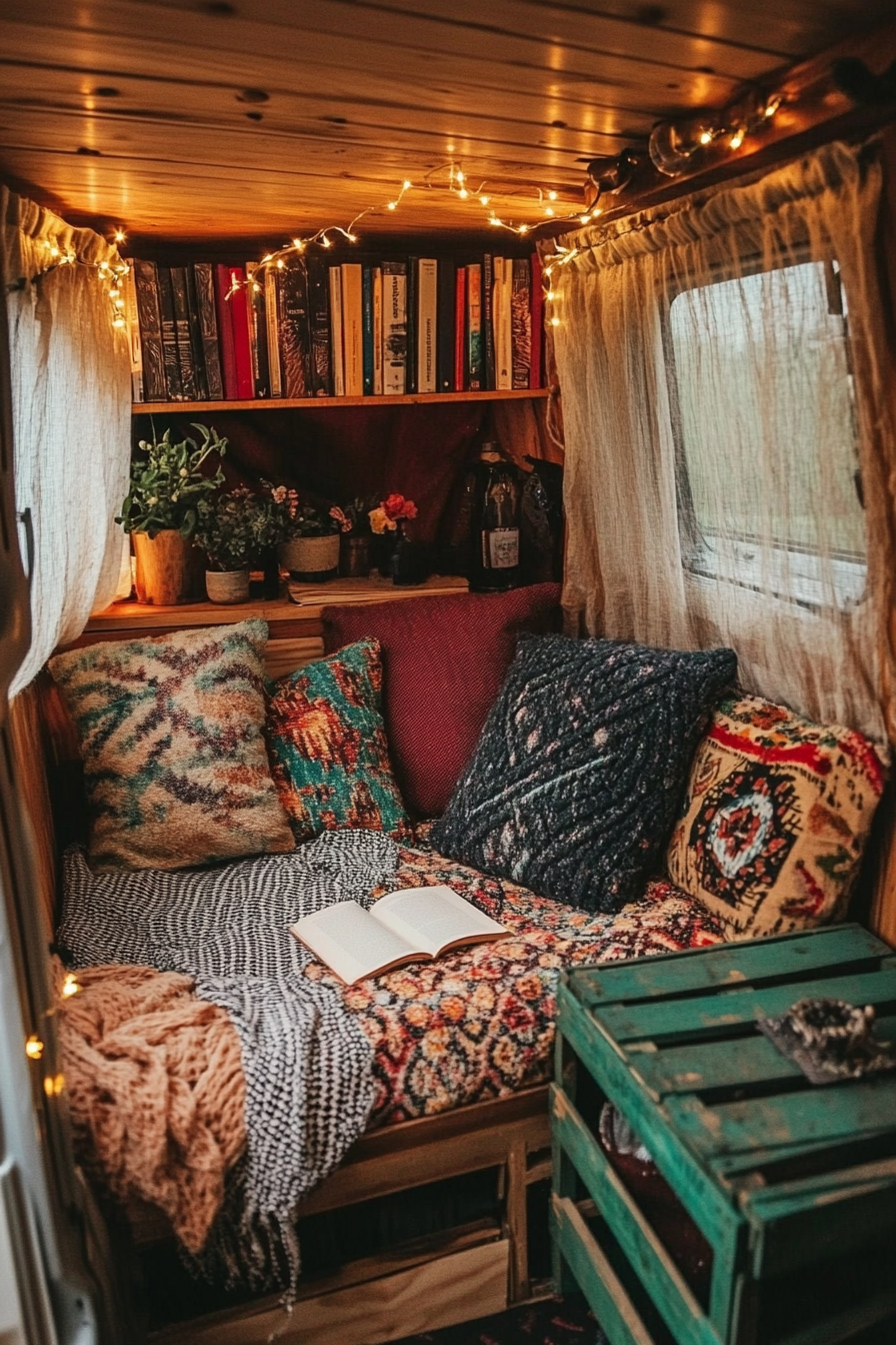 Eco-friendly van reading corner. Draped linen fairy lights, vintage book crate, upcycled patchwork cushions.