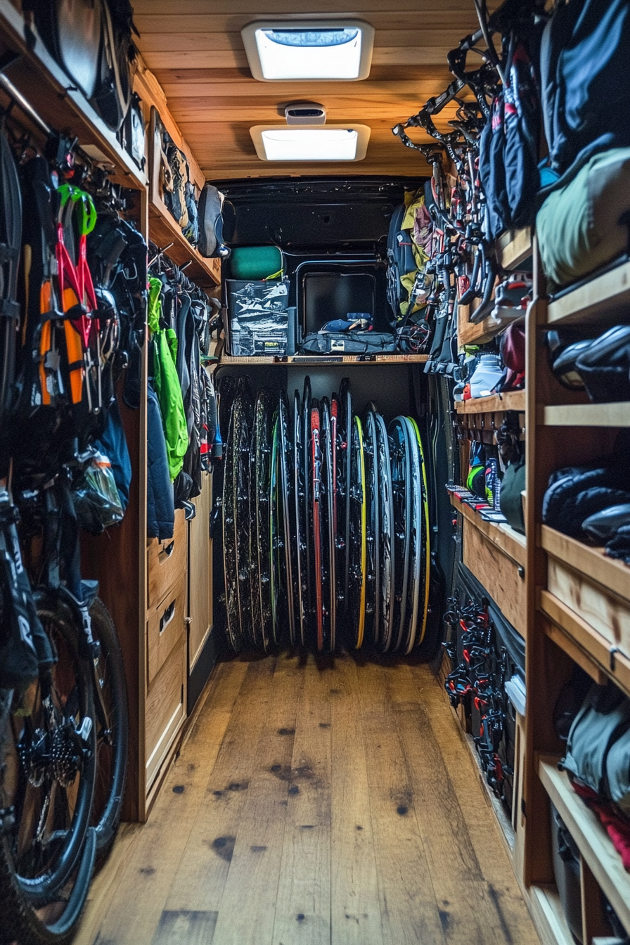 Adventure van storage space. Mounted ski racks, foldable bike holders, compact drying station.