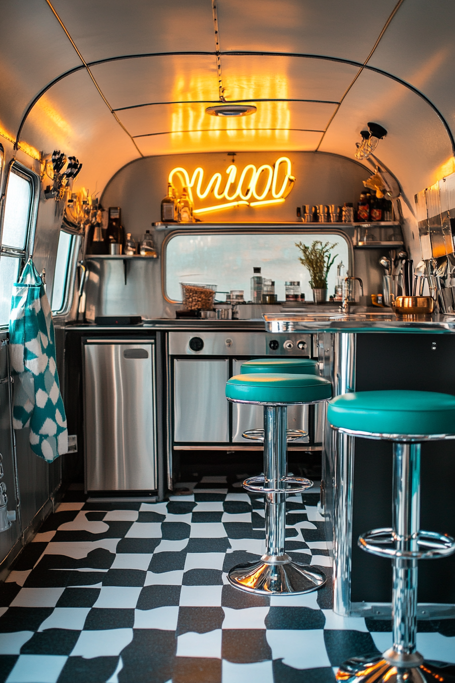 Retro-Style Camper Dining Space. Monochrome checkerboard floor, gold neon sign, teal chrome bar stools.