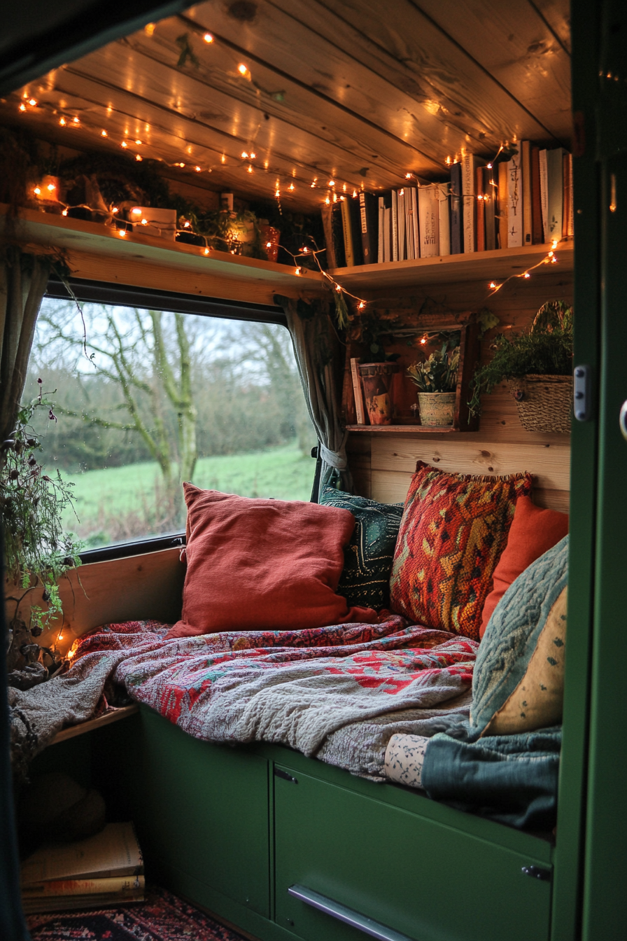 Van reading corner. Fairy lights, driftwood shelves, recycled cloth cushions, housed in green van.