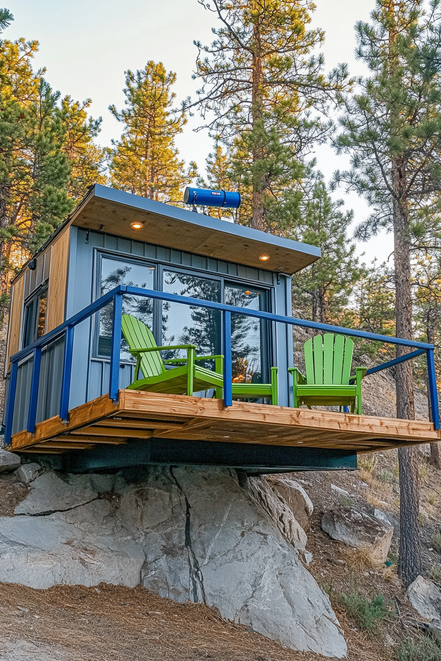 Alpine Tiny House Deck. Fold-down railings, Blue telescope mount, Green camping chairs.