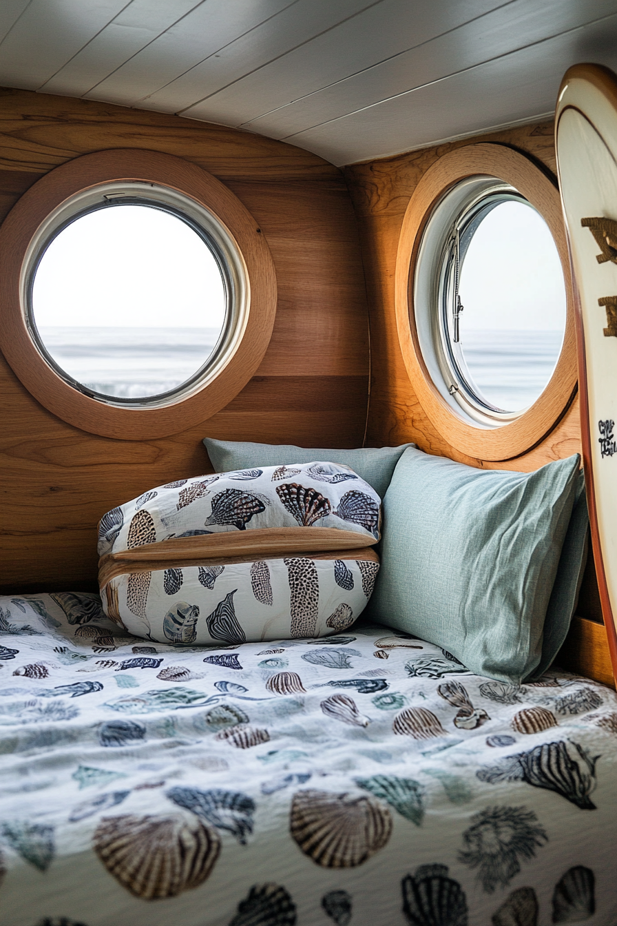 Surf-style van bedroom. Circular porthole windows, oak surfboard rack, seashell-patterned pillows.