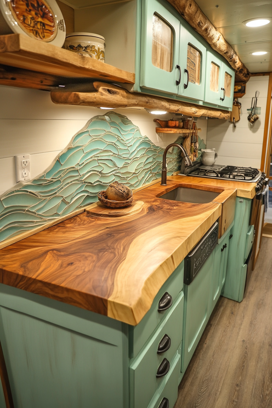 Retro Surf Van Kitchen. Aqua campervan cabinets, rustic wooden countertop, wave tile backsplash.