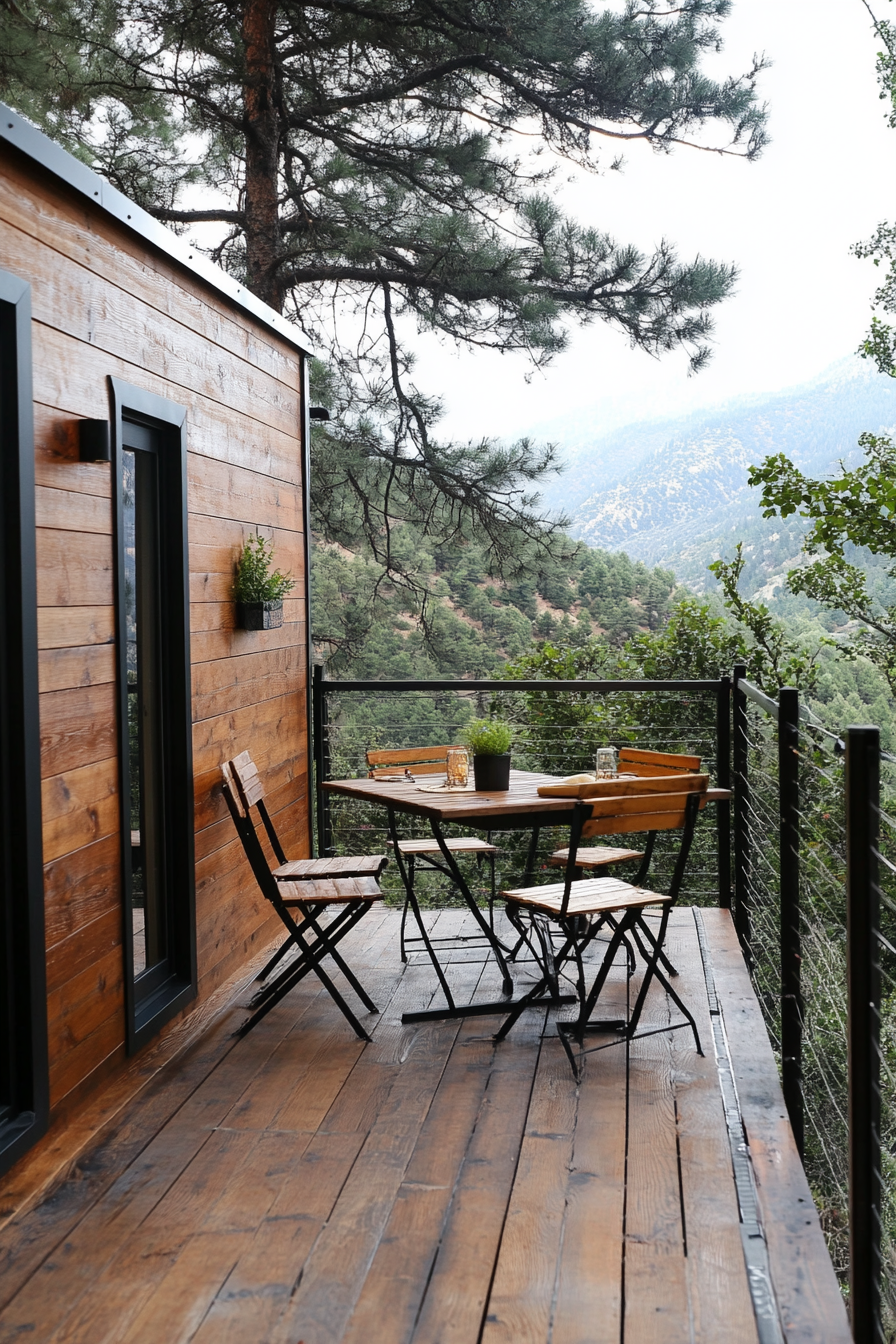 Alpine tiny house deck. Weathered wood, telescopic stand, collapsible chairs, collapsable railing.