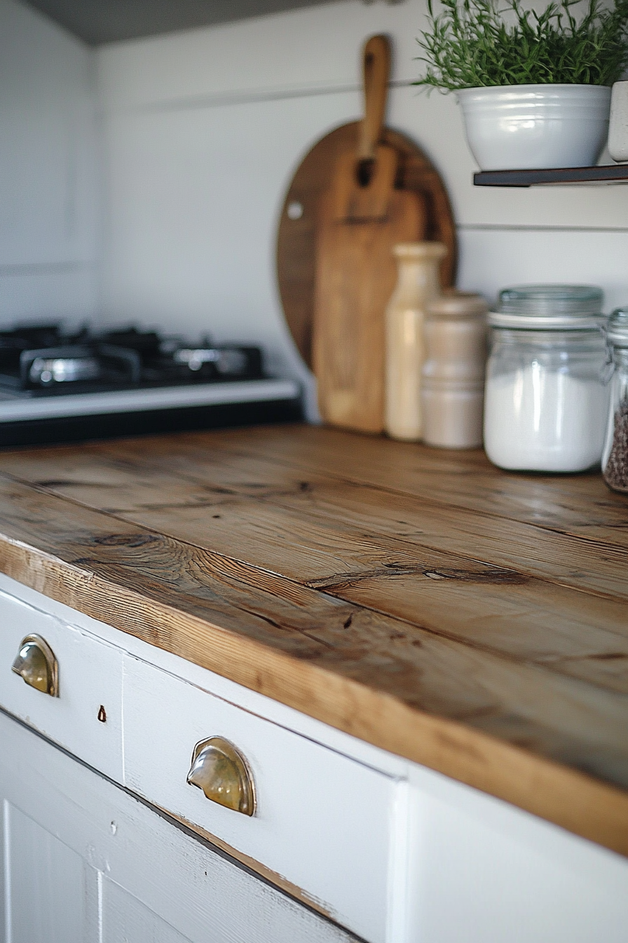 Budget-friendly van kitchen. Rescued wood counters with visible knots and grains.