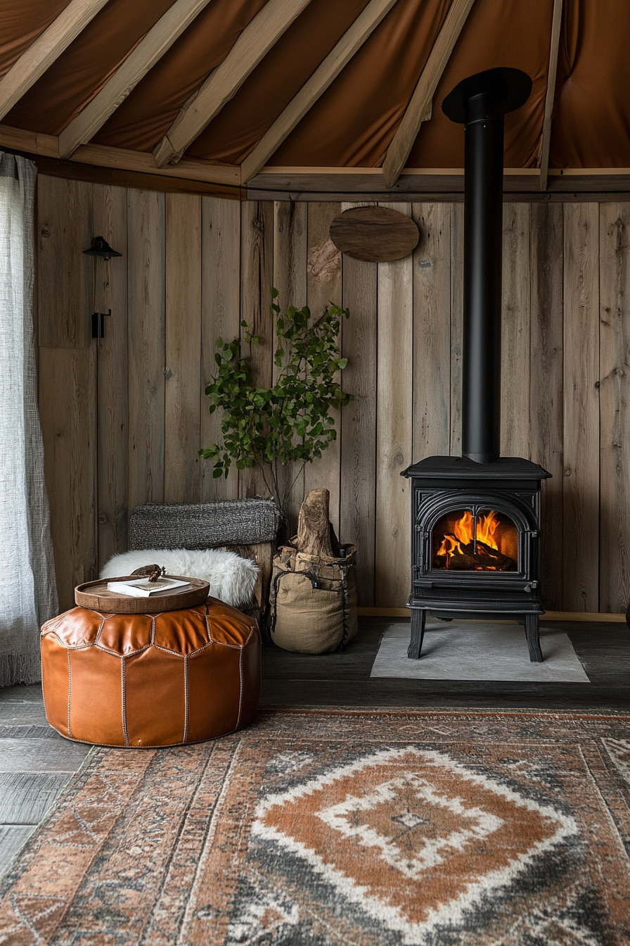 Rustic yurt living space. Brassendid wood stove, Navajo rug, cognac leather poufs.