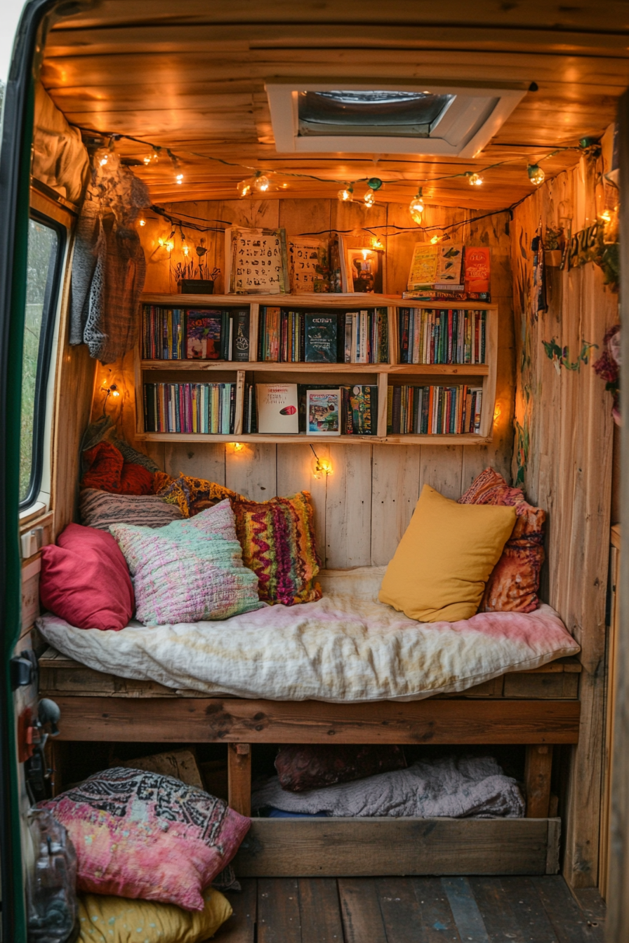 Eco-Friendly Van Reading Corner. Pallet wood bookshelves, solar-powered fairy lights, recycled tie-dye cushions.