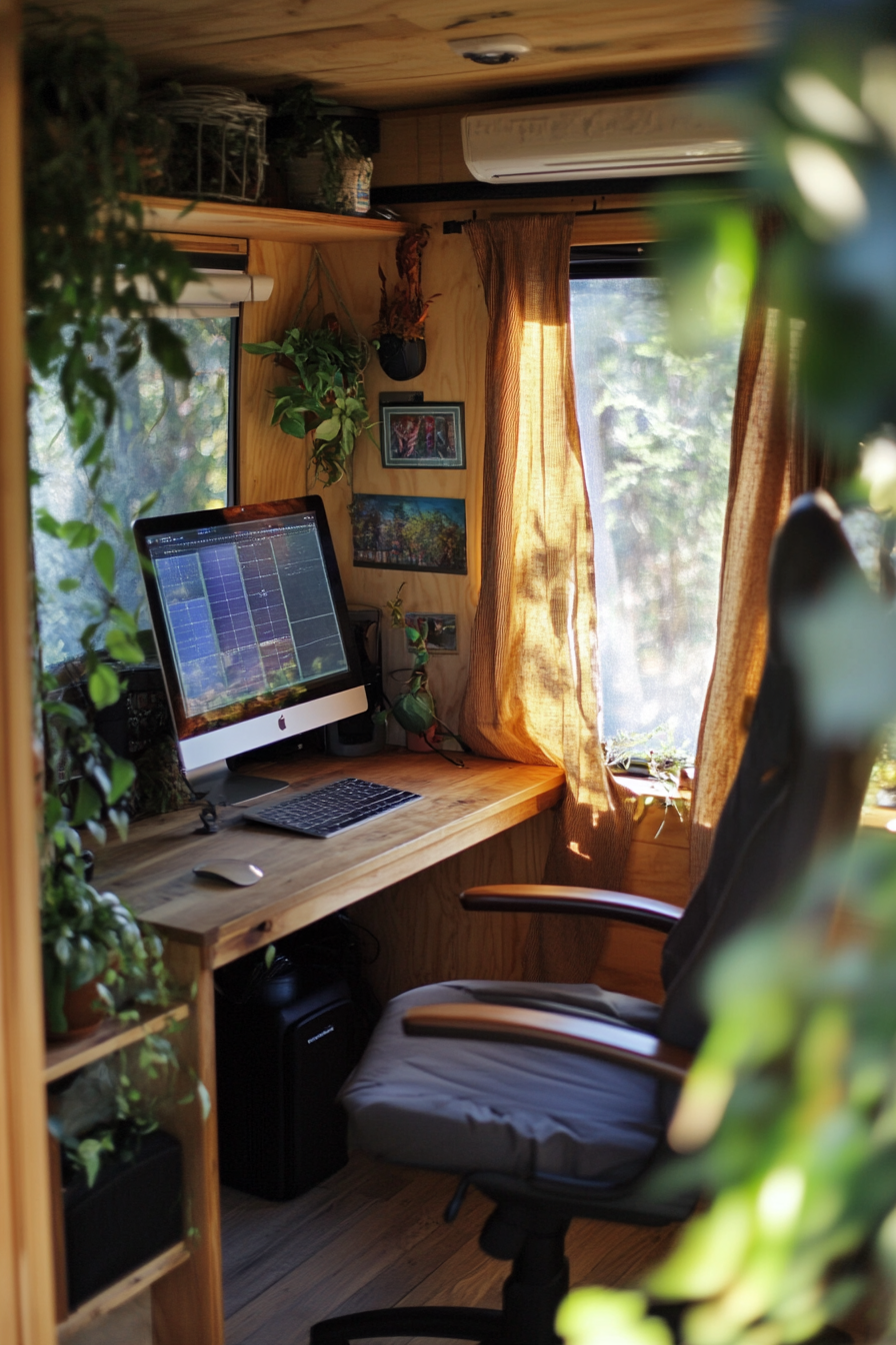 Sprinter van office space. Recycled wood desk, hemp curtain, solar panels.