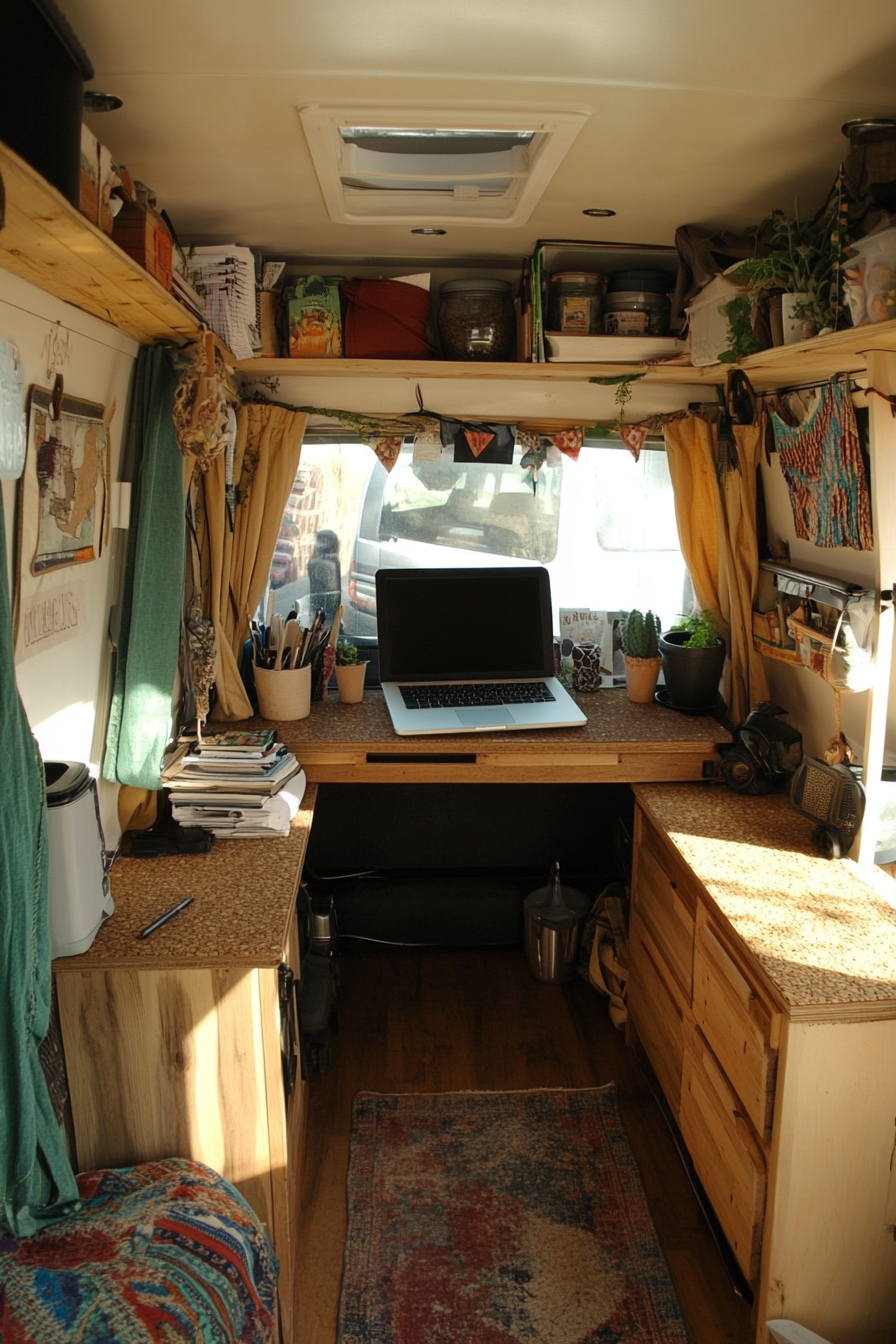 Sprinter van office space. Cork flooring and recycled wood desk adjacent to hemp curtains.