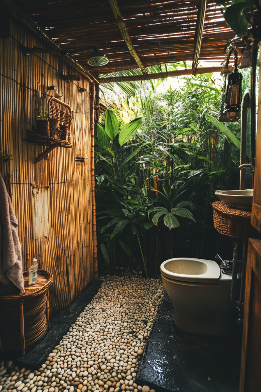 Sustainable tiny bathroom. Bamboo shower curtain, composting toilet, and a pebble-lined grey water system.