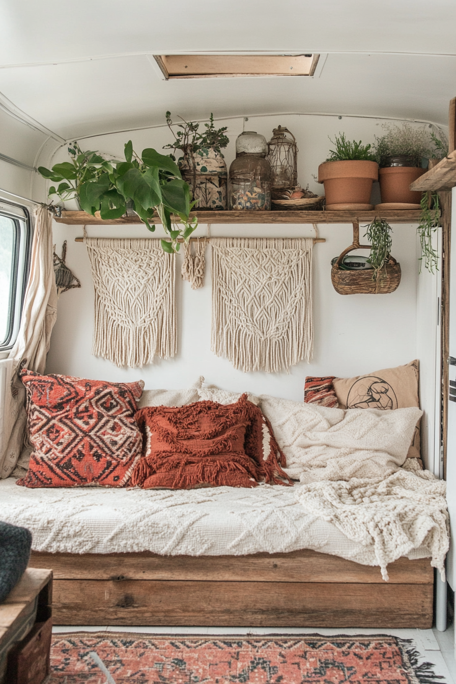 Scandi-Boho Camper Living Room. Macrame knot artwork adorning a reclaimed wooden shelving unit.