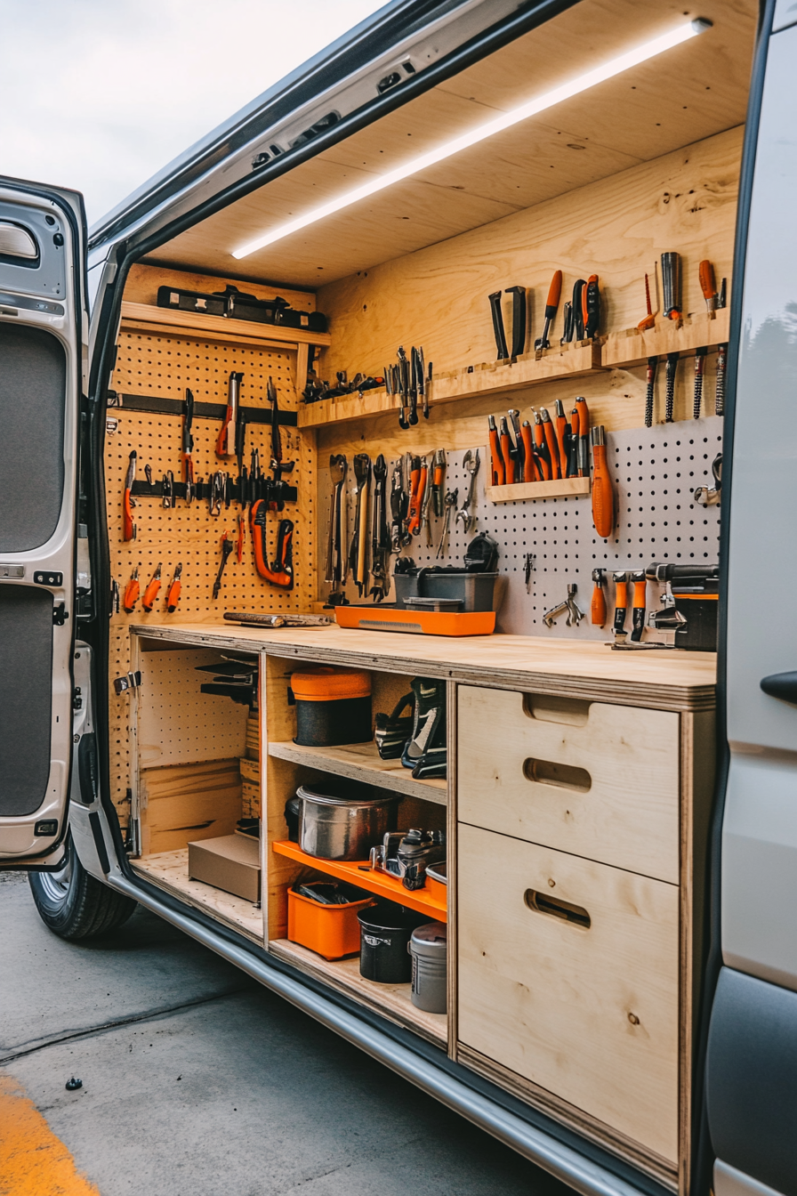 Adventure-ready van workshop. Marine-grade plywood tool wall with lean-closed hammer and wrench cupboards.