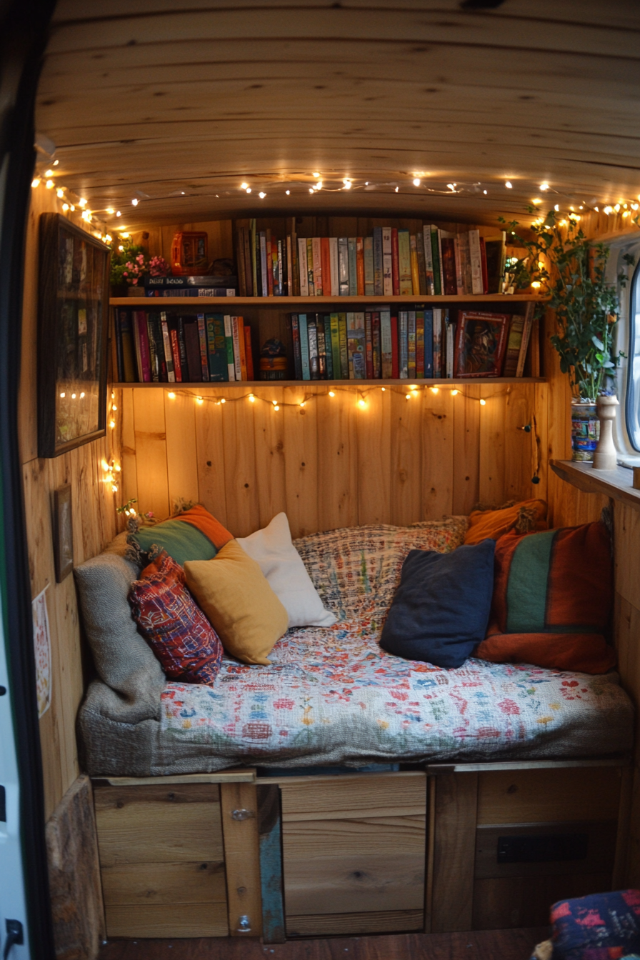 Eco-friendly van reading corner. Oak bookshelves, hessian cushions, fairy lights.