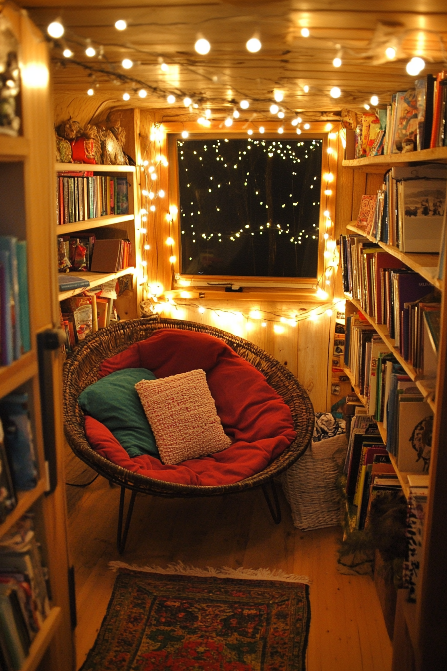 Eco-friendly van reading corner. Papasan chair, strings of solar powered fairy lights, upcycled bookshelf.