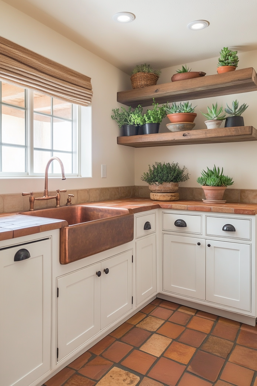 Modern tiny kitchen. White cabinets, copper sink, terra cotta tiled floor, succulent shelf display.