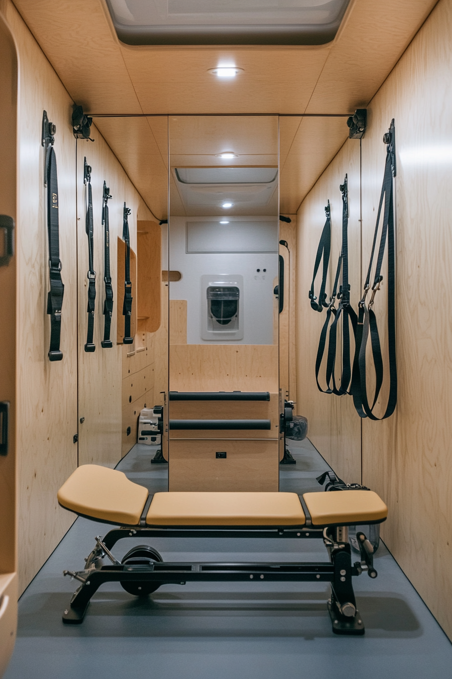 Minimalist camper exercise room. Mirrored wall with hung resistance bands, foldable rowing machine.