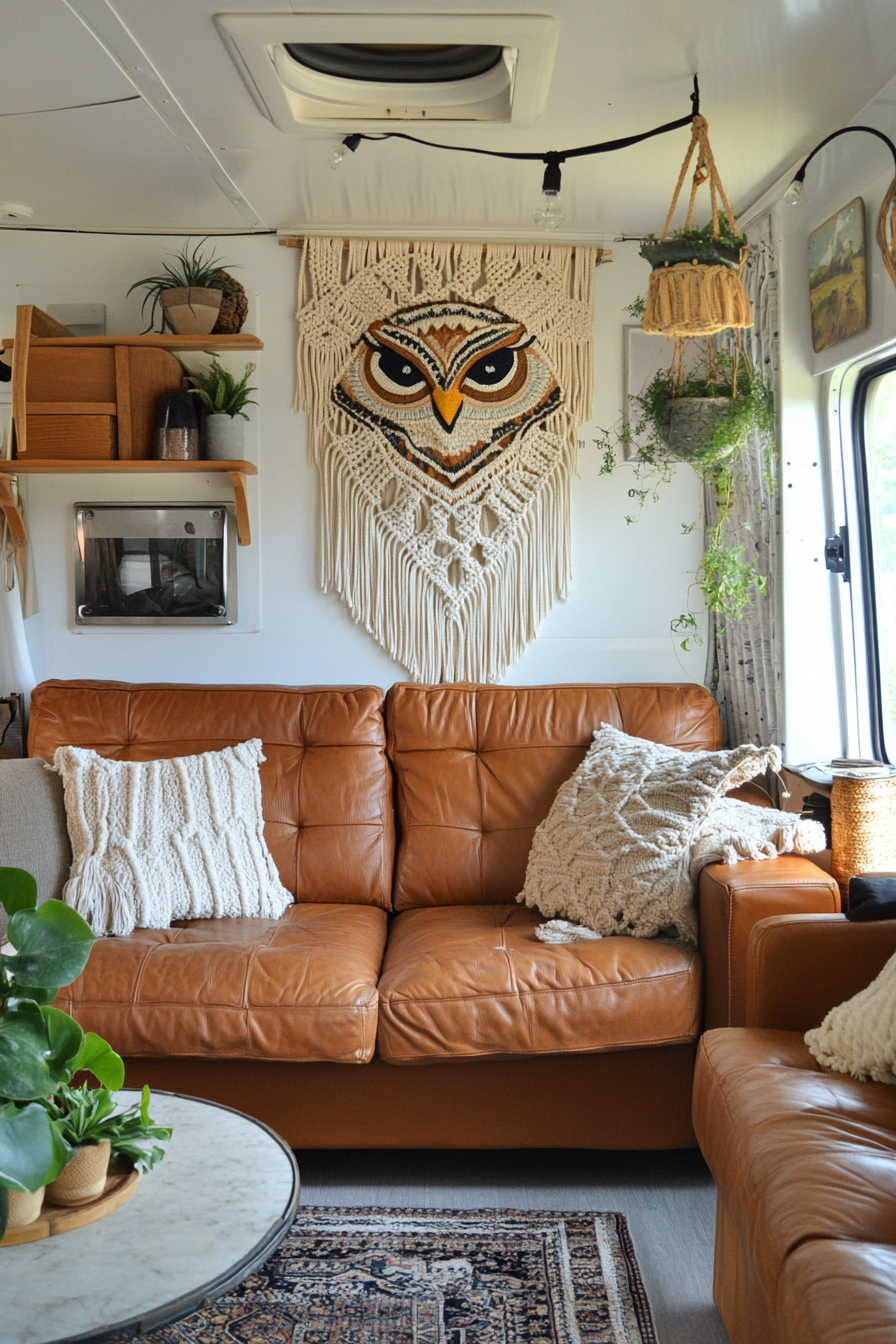 Scandi-Boho Camper Living Room. A macramé owl wall hanging.