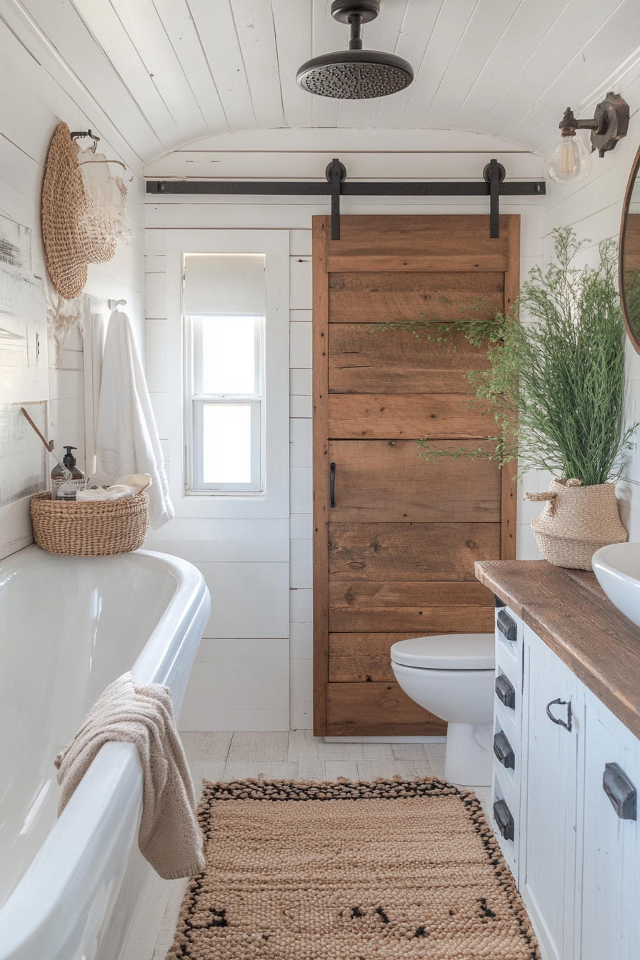 RV bathroom. Barn door with iron handle and white shiplap walls.