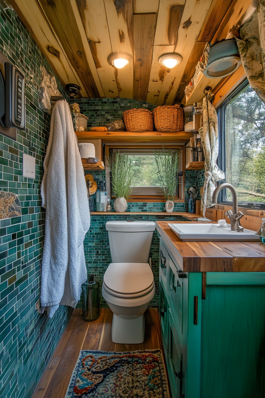 Sustainable tiny bathroom. Ceramic mosaic tiles, bamboo countertop, composting toilet.