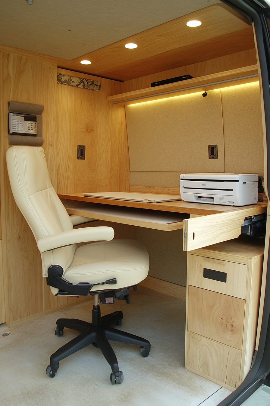 Convertible van office suite. Light oak, Murphy desk, ivory swivel seating, camouflaged printer.