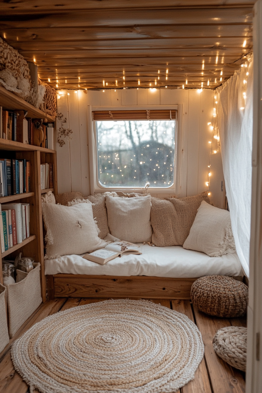 Eco-Friendly Van Reading Corner. Burlap cushions, wooden bookcase, woven rug, white fairy lights.