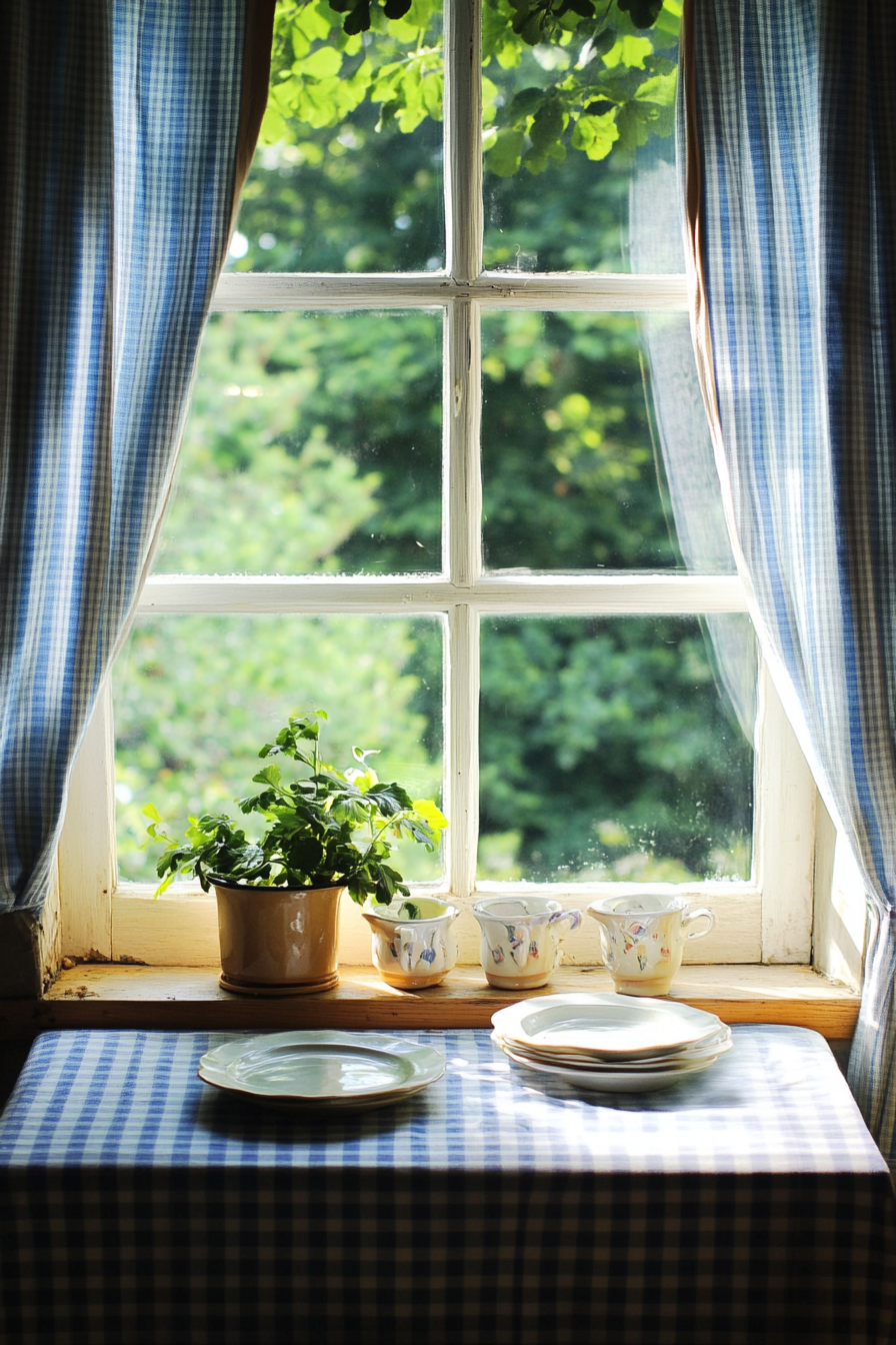 table, and gingham window treatments.