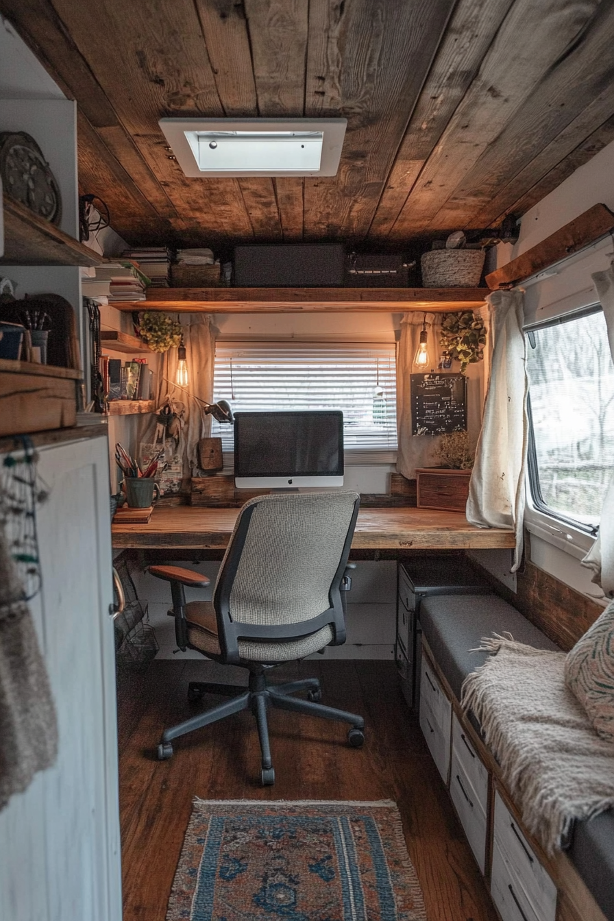 Sprinter van office space. Barn wood desk, hemp chair with ergonomic design.