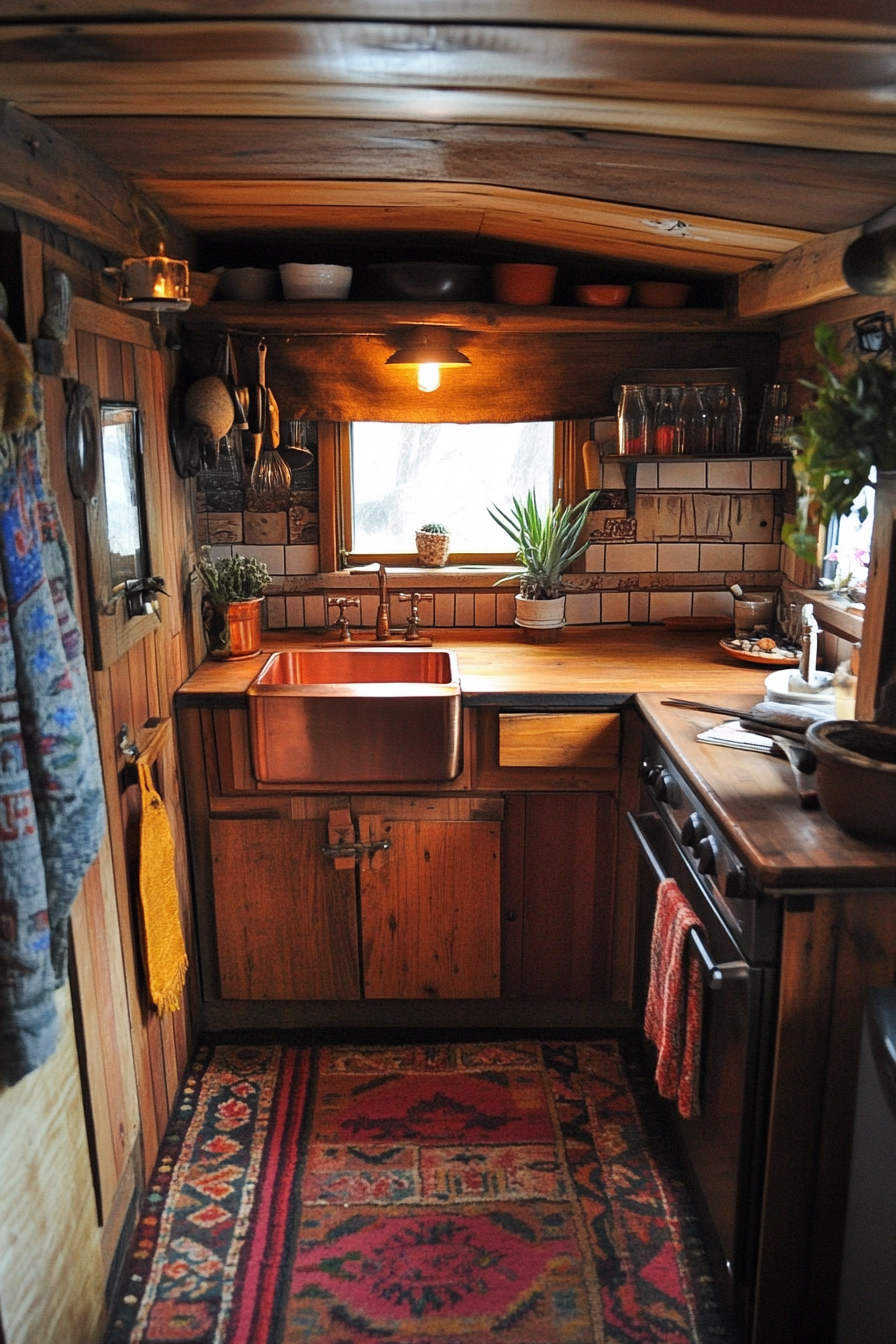 Tiny kitchen. Natural wood cabinets, terra cotta tiles, copper sink, southwestern rugs, desert plant corner.