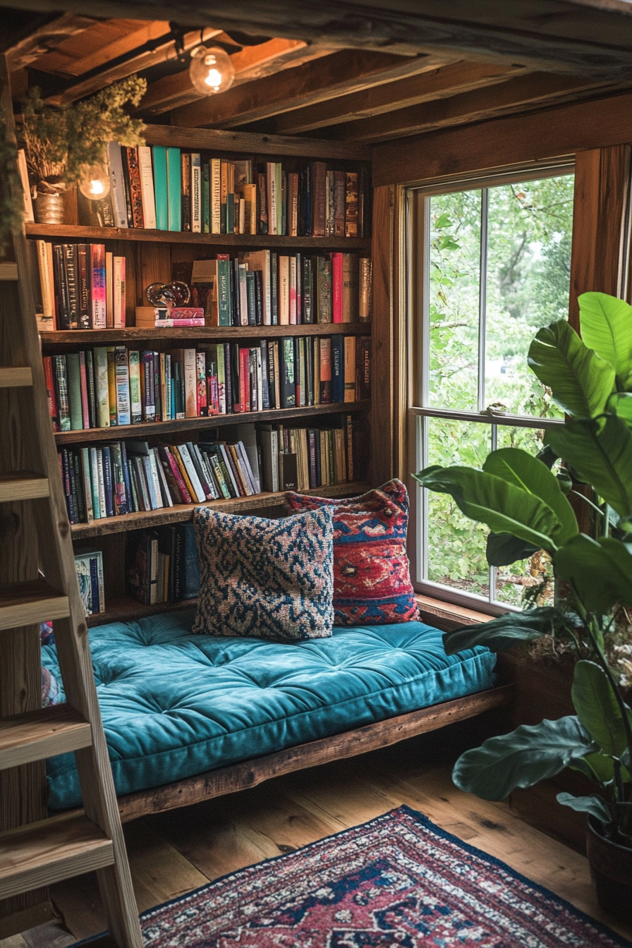 Tiny house library. Ladder-style floating shelves, teal Moroccan floor cushions, Elkhorn fern.