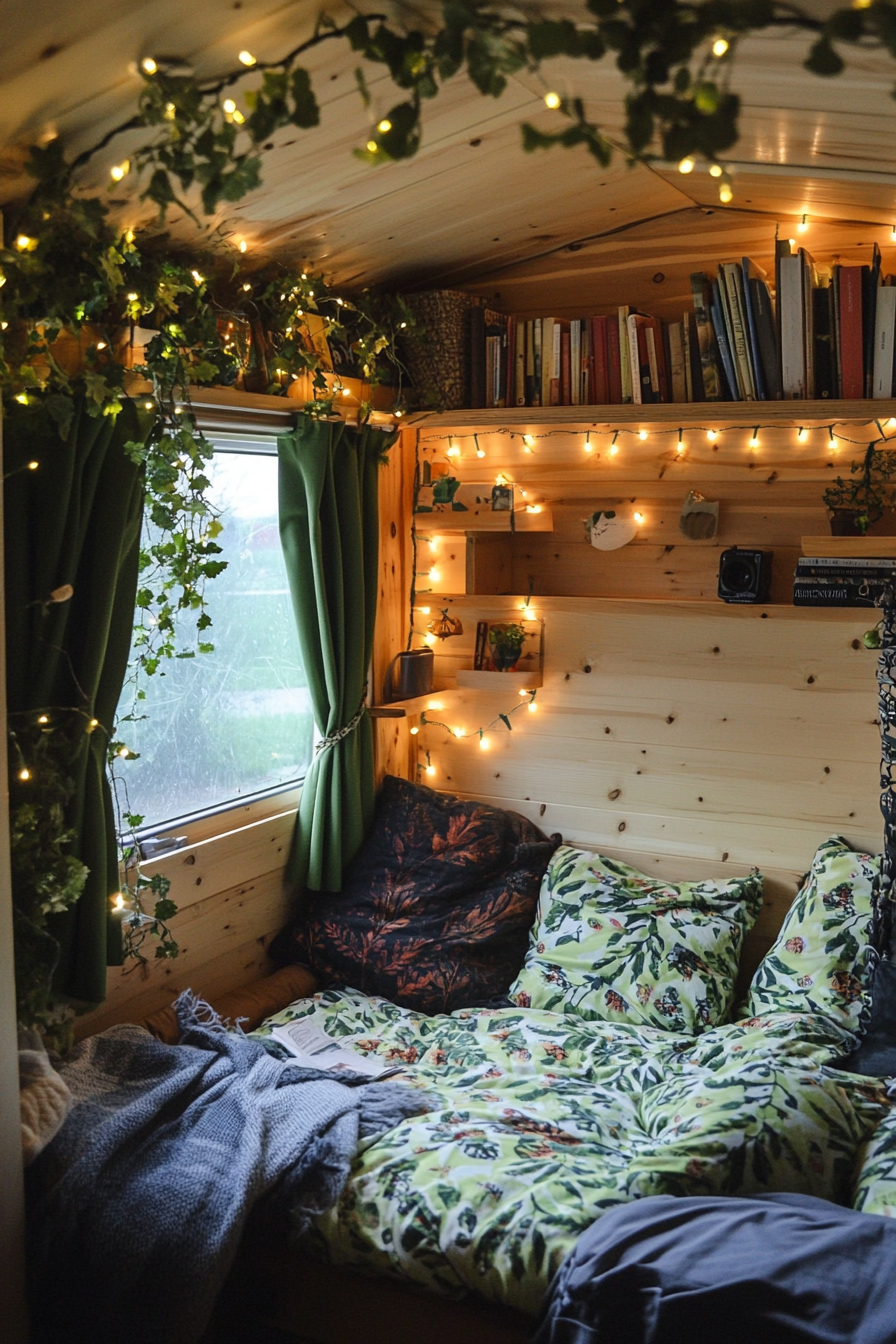 Eco-friendly van reading corner. Hanging fairy lights, vine-patterned recycled cushions and minimalist bookshelf.