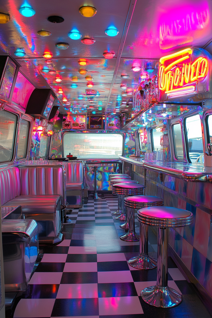 Retro-Style Camper Dining Space. Checkerboard floor, flashing neon diner sign, towering chrome bar stools.