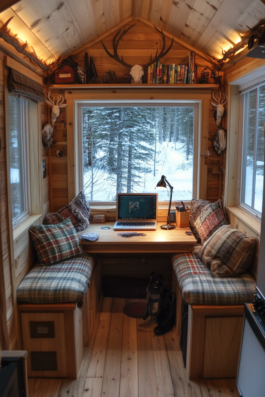 Alpine Tiny House Office. Pine desk, plaid cushions, antler hooks.