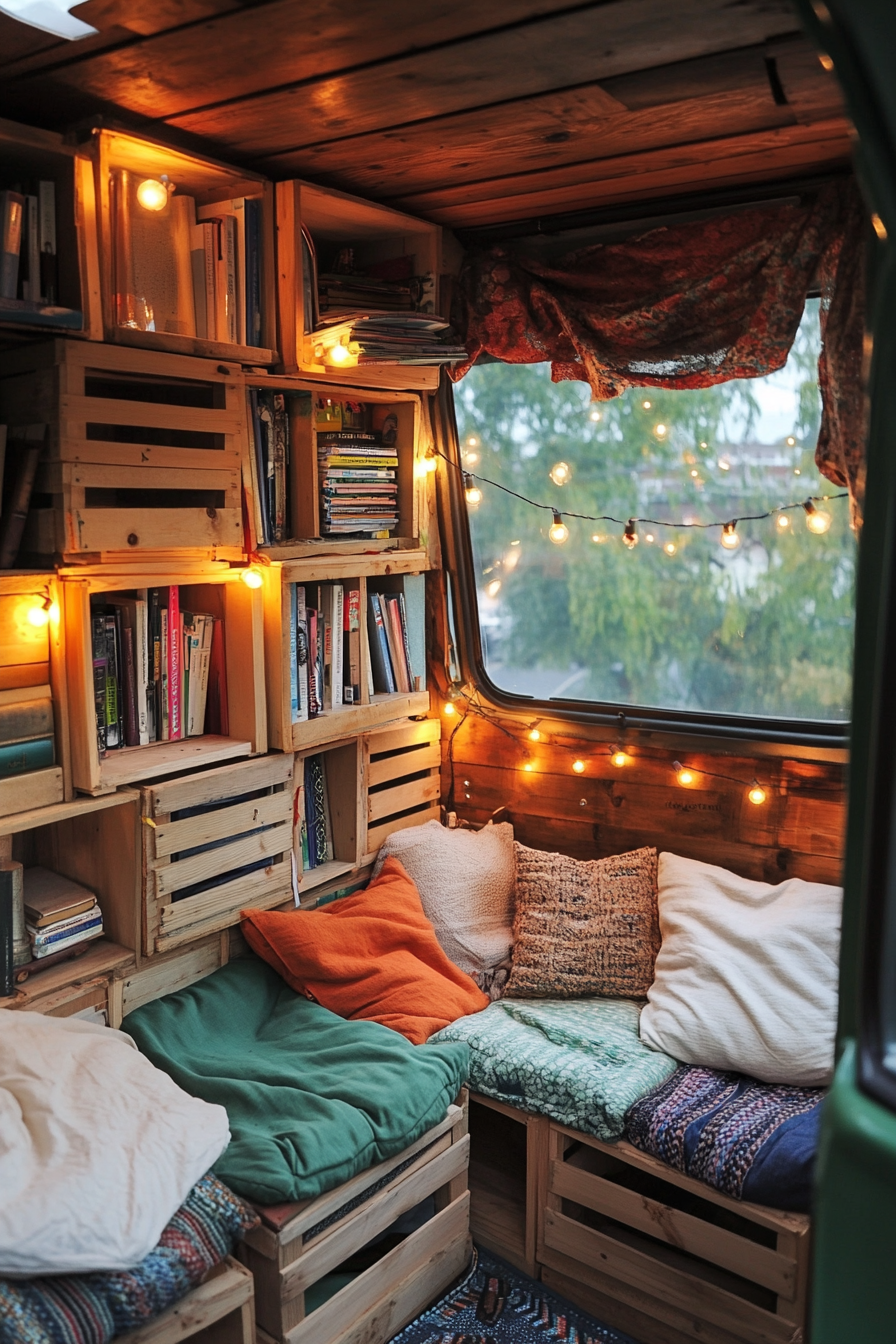 Reading corner in eco-friendly van. String lights over stacked wooden crate bookshelves and recycled floor cushions.