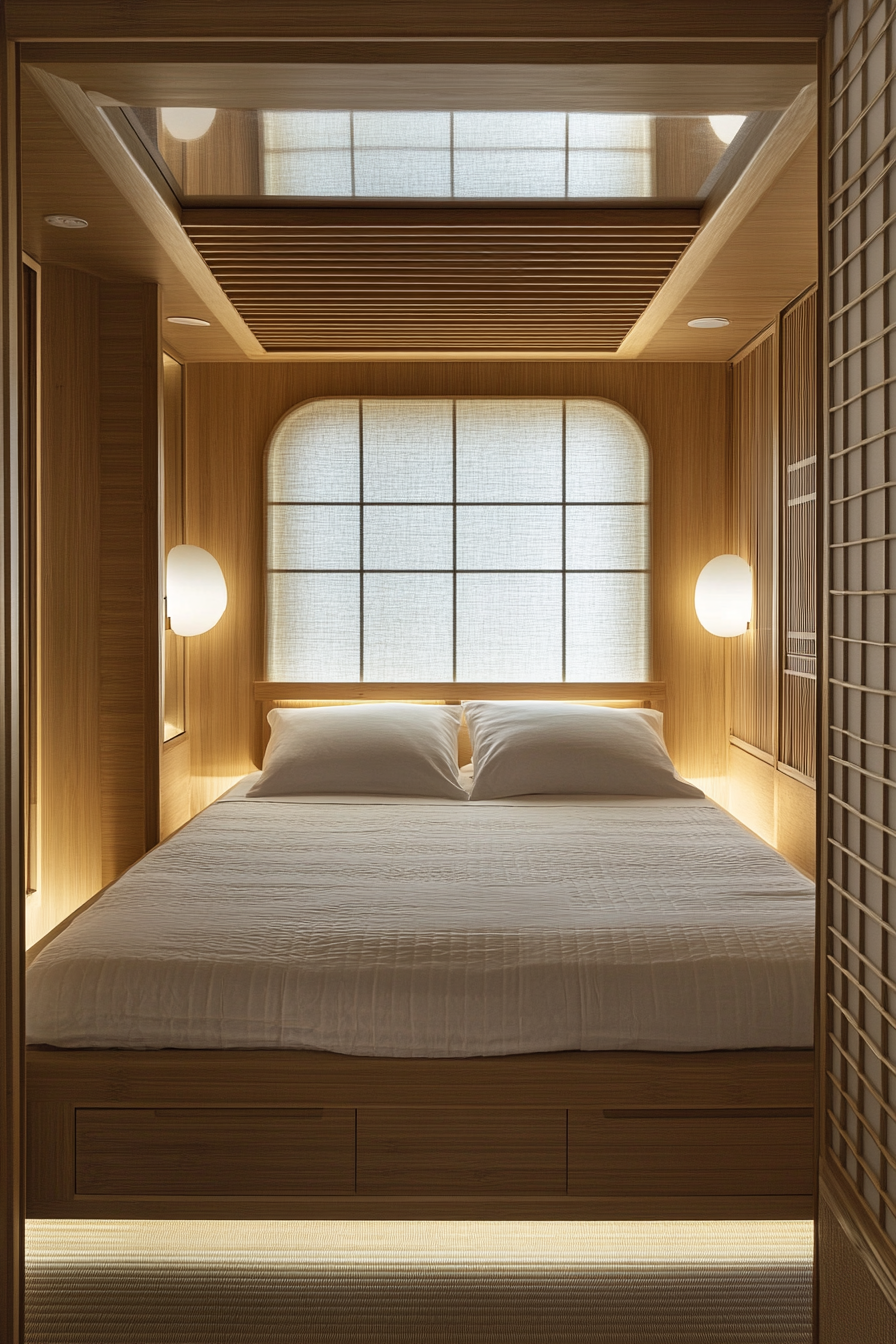 Zen-style RV bedroom. Bamboo-laced platform bed, rice paper screens, integrated cabinet spaces.