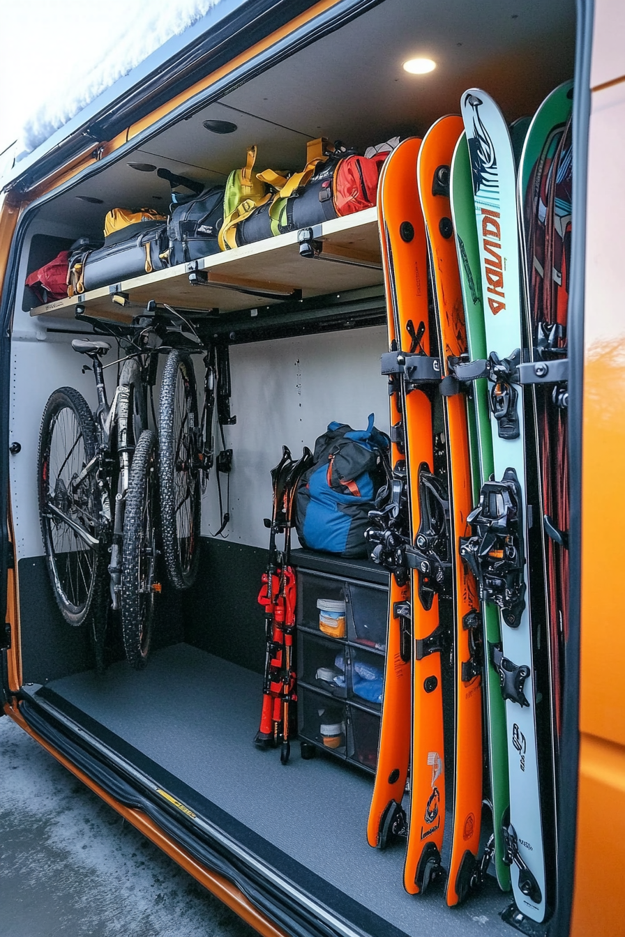 Adventure Van Storage Space. Overhead mounted ski racks beside a compact fold-down bike shelf.