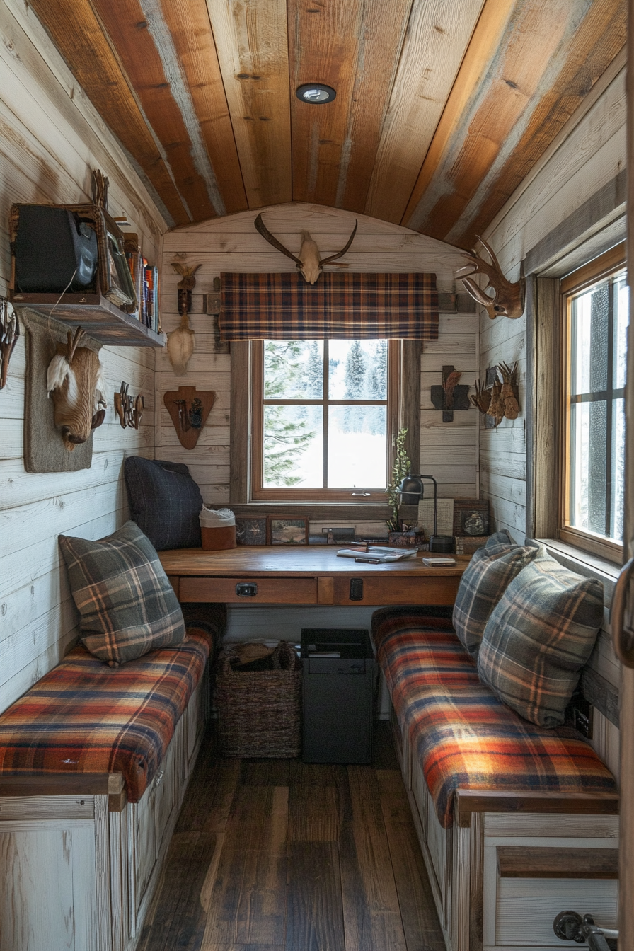 Alpine tiny house office. Pine desk with sepia patina, plaid cushions in earth tones, antler hooks.