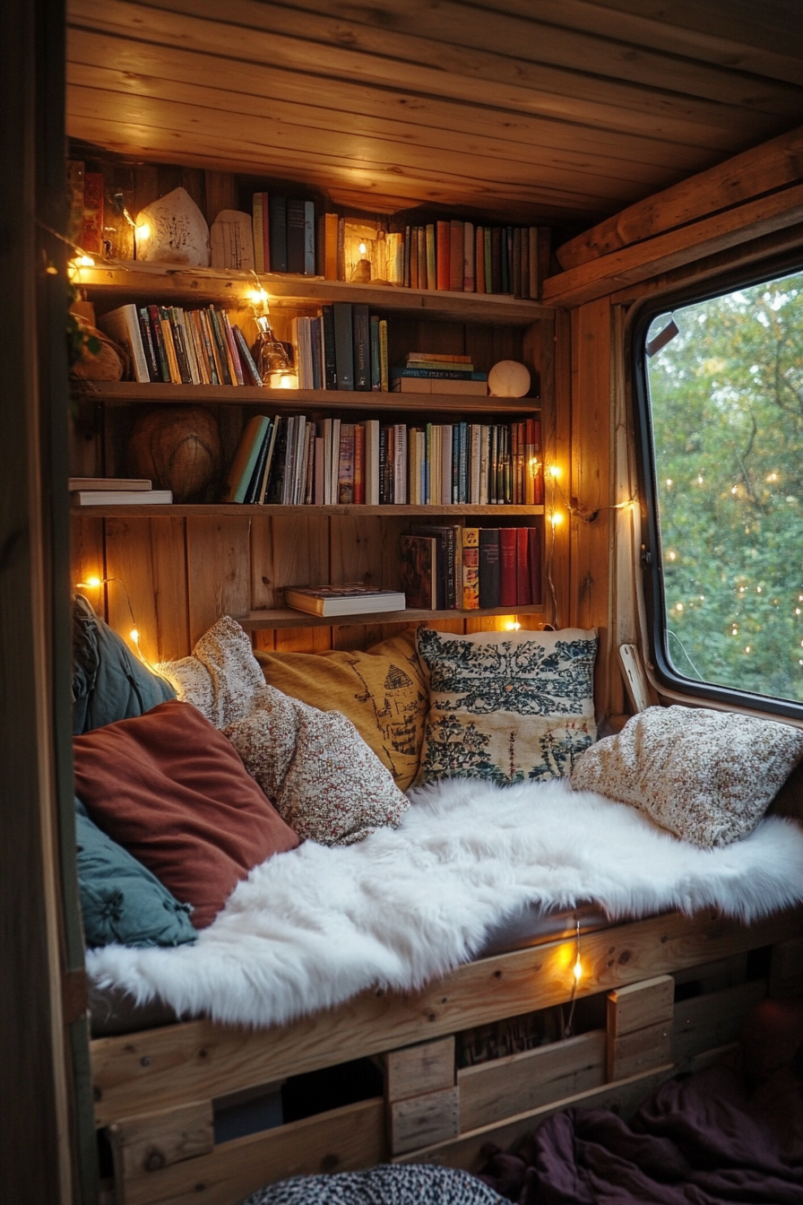 Van reading corner. Wooden crates as book storage, fleece-lined recycled cushions, twinkling fairy lights.