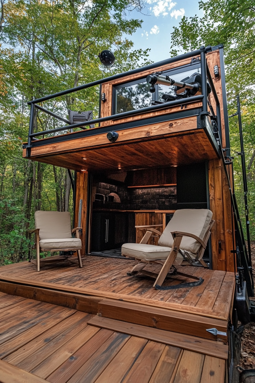 Alpine tiny house deck. Dark wood fold-down railings, telescope mount and beige camping chairs.