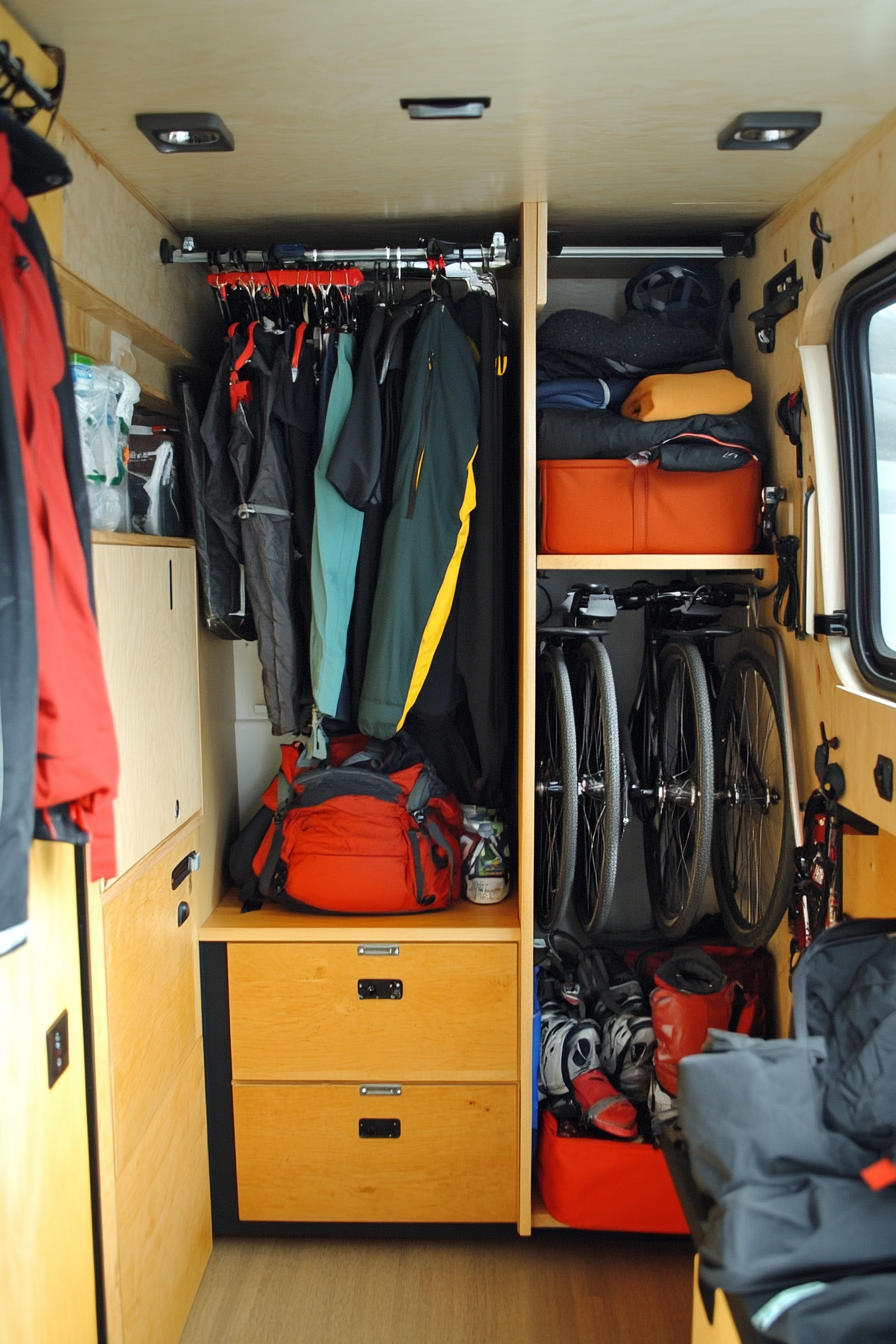 Adventure van storage space. Mounted ski racks, bicycle mounts, clothes drying station.