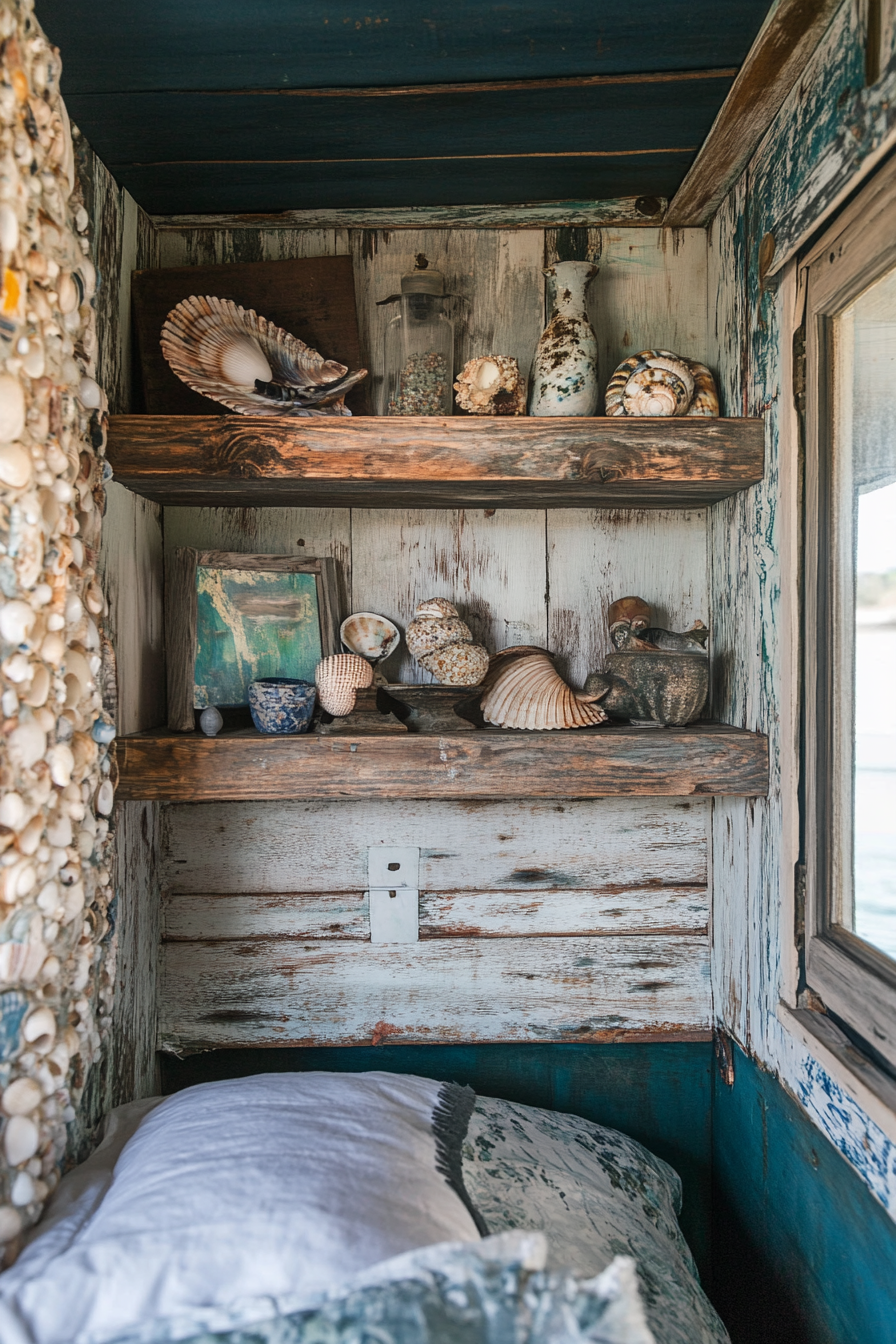 Van bedroom. Distressed wood shelf laden with iridescent sea shells.