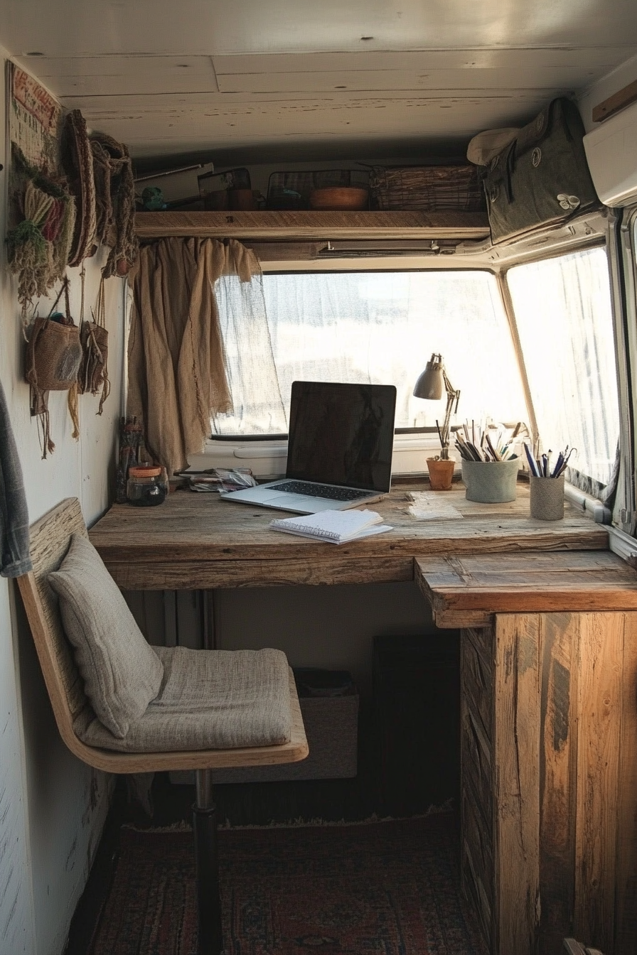 Sprinter Van office space. Salvaged wood desk, hemp seat cushion, natural light.