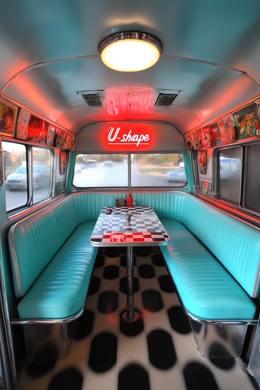 Retro-style camper dining space. Checkerboard floor, neon siamese cat sign, aqua vinyl chrome “U-shape” booth.